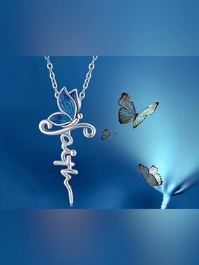 NWT GORGEOUSLY DETAILED DAINTY BLUE BUTTERFLY “FAITH” NECKLACE